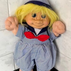 Classic Plush Sailor Doll in Blue & White Stripes with Red Bow